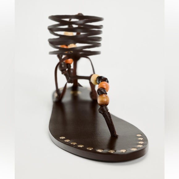 NWT Zara Woman BEADED LACE UP LEATHER SANDALS Shoes Size 8 - Picture 1 of 13